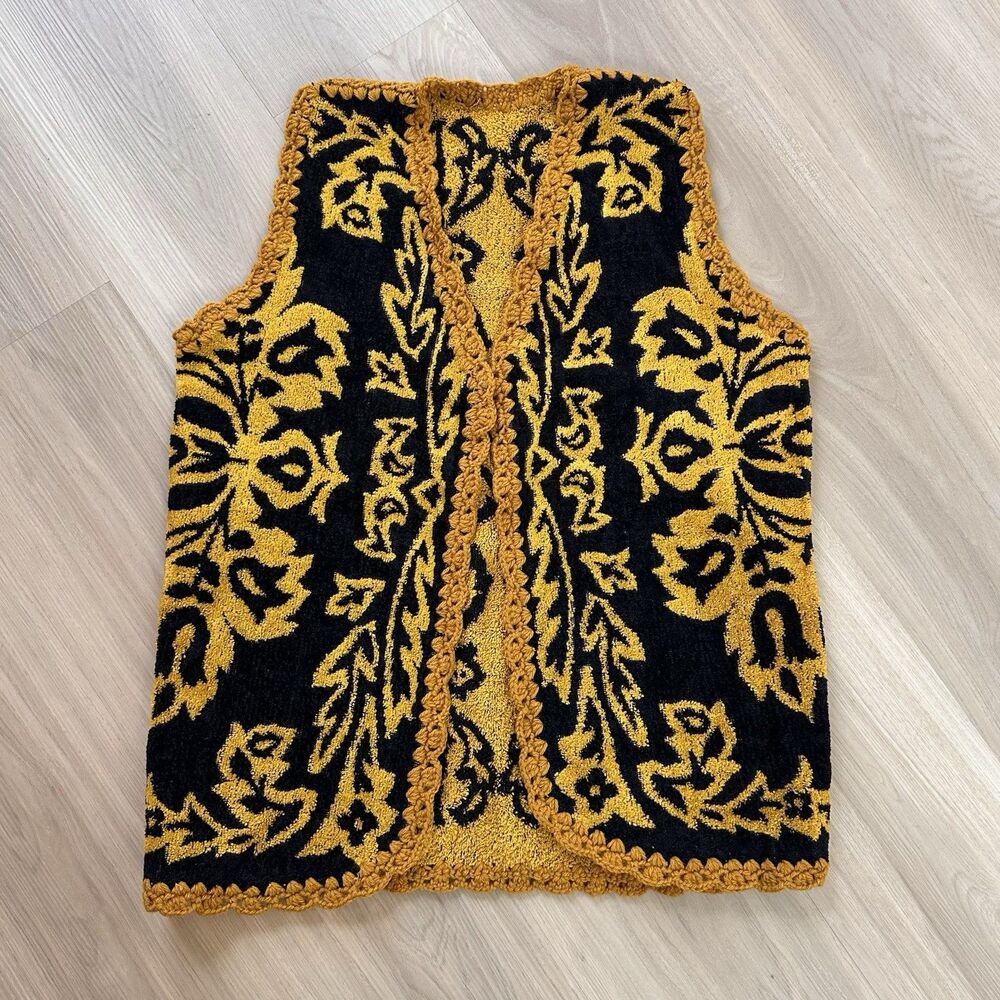 Vintage Gold Black Terry Cloth Vest 70s 70s Towel Lace Trim